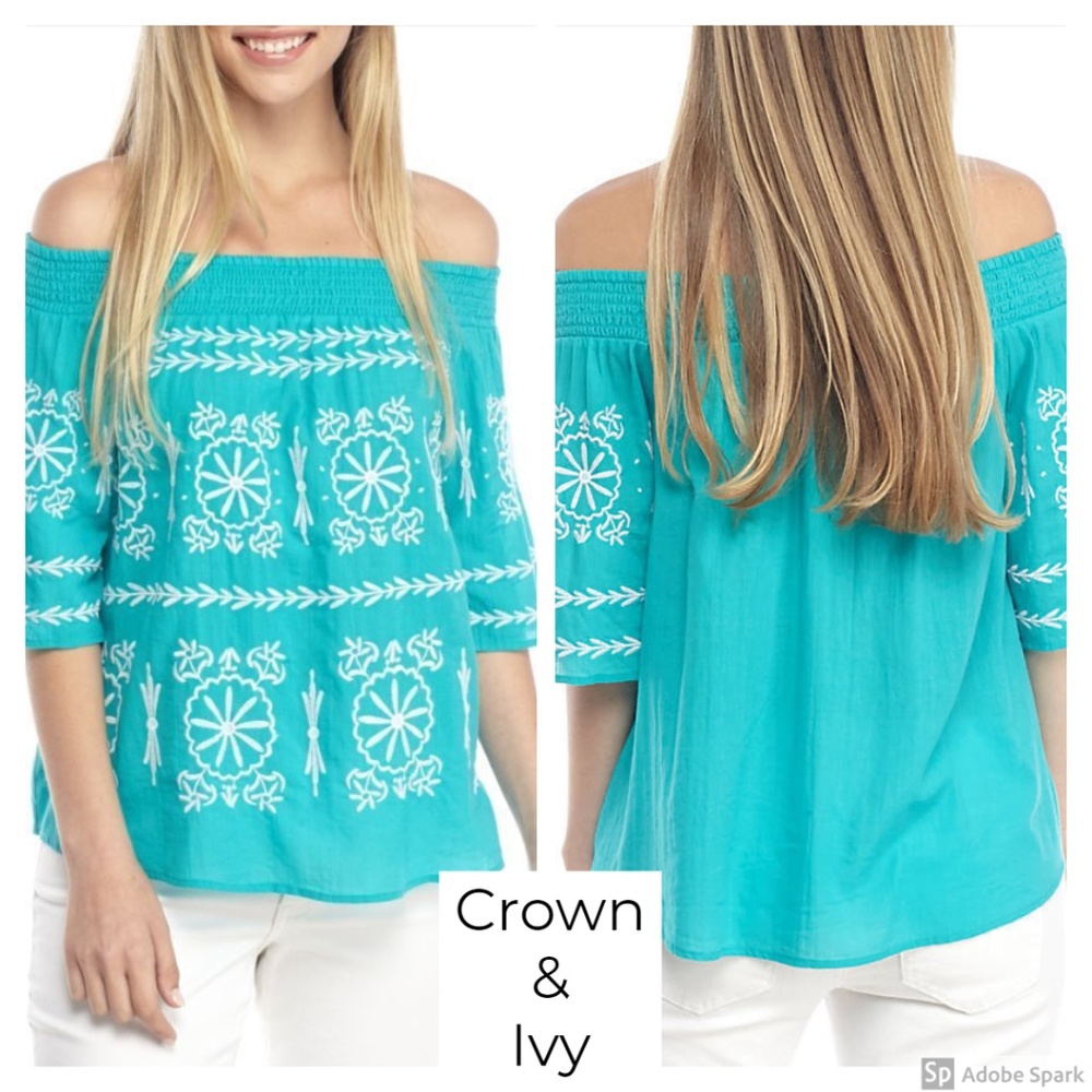 Crown &‎ Ivy Off Shoulder Embroidered Top Turquoise